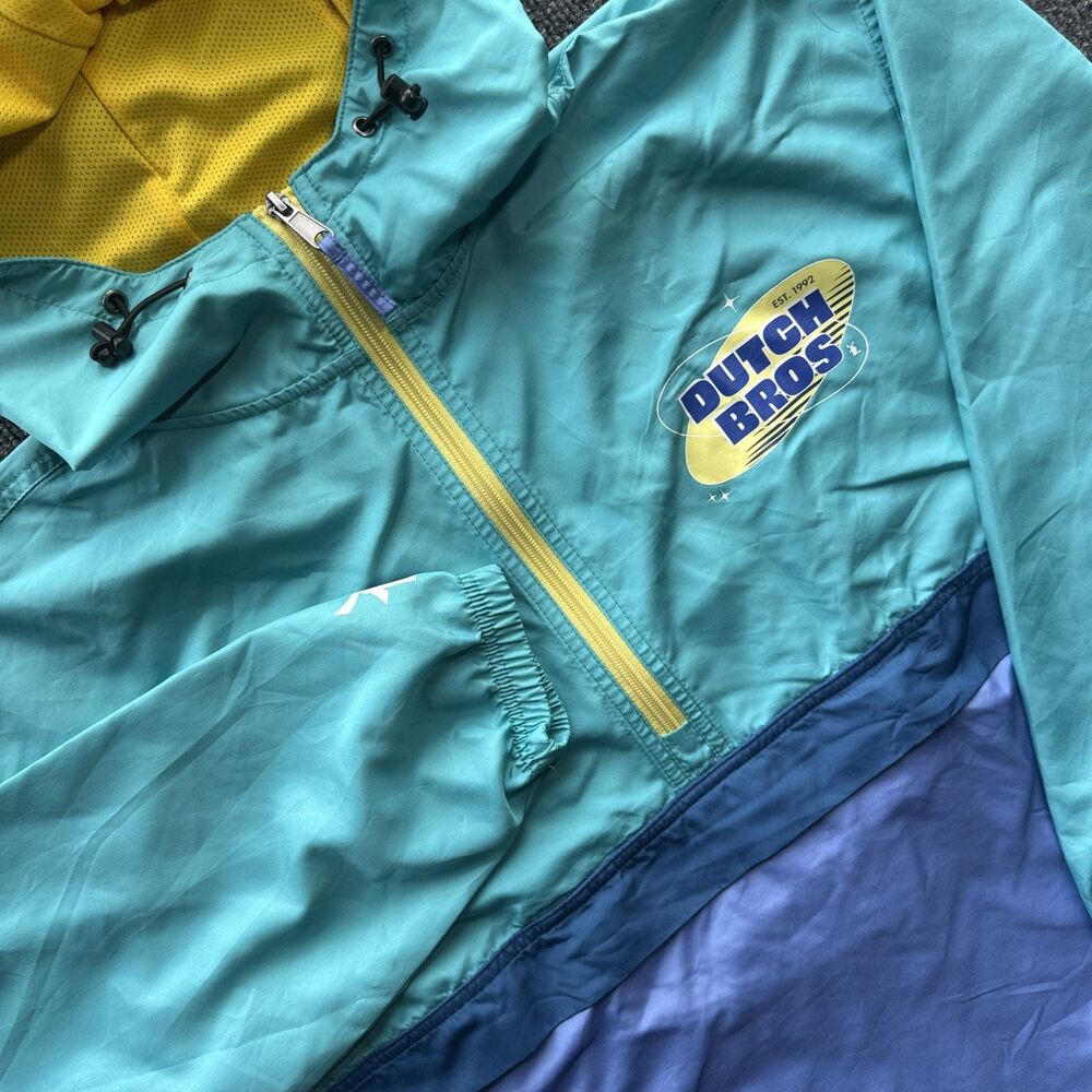 Dutch Bros Hoodie Adult Medium M Windbreaker Anorak Pullover Blue Color block